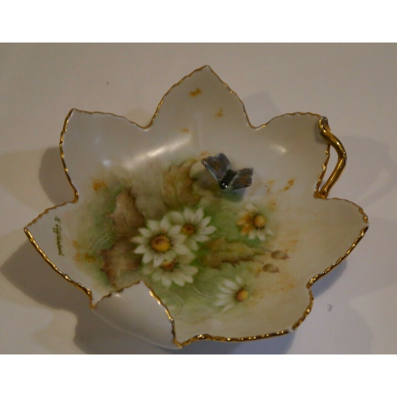 Trinket Dish Hand Painted Porcelain Flower Applied Raised Butterfly signed Vntg