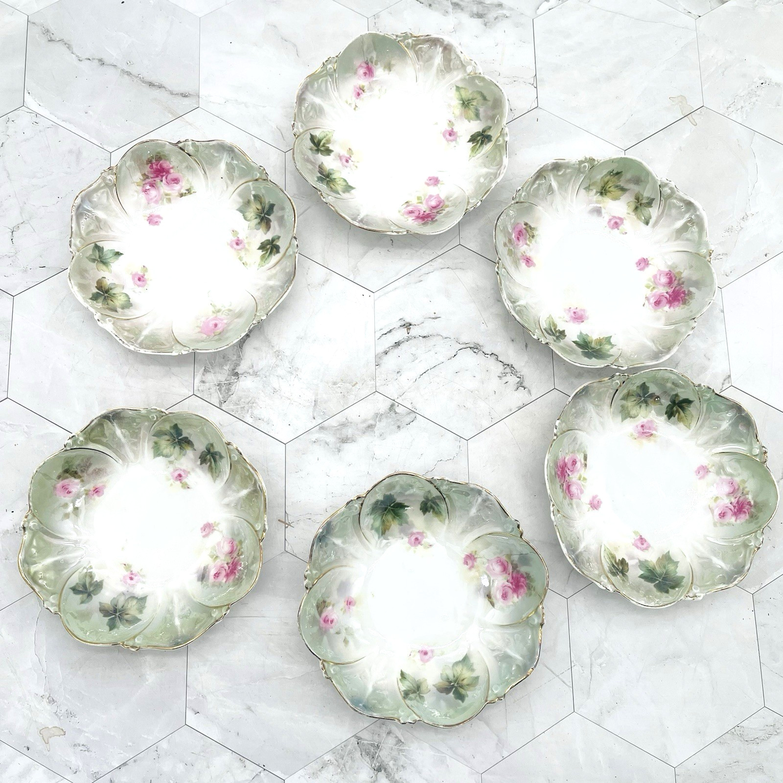 Lot of 6 Antique Signed R S Prussia Floral Berry Bowls Green Gold Rim Roses 5″