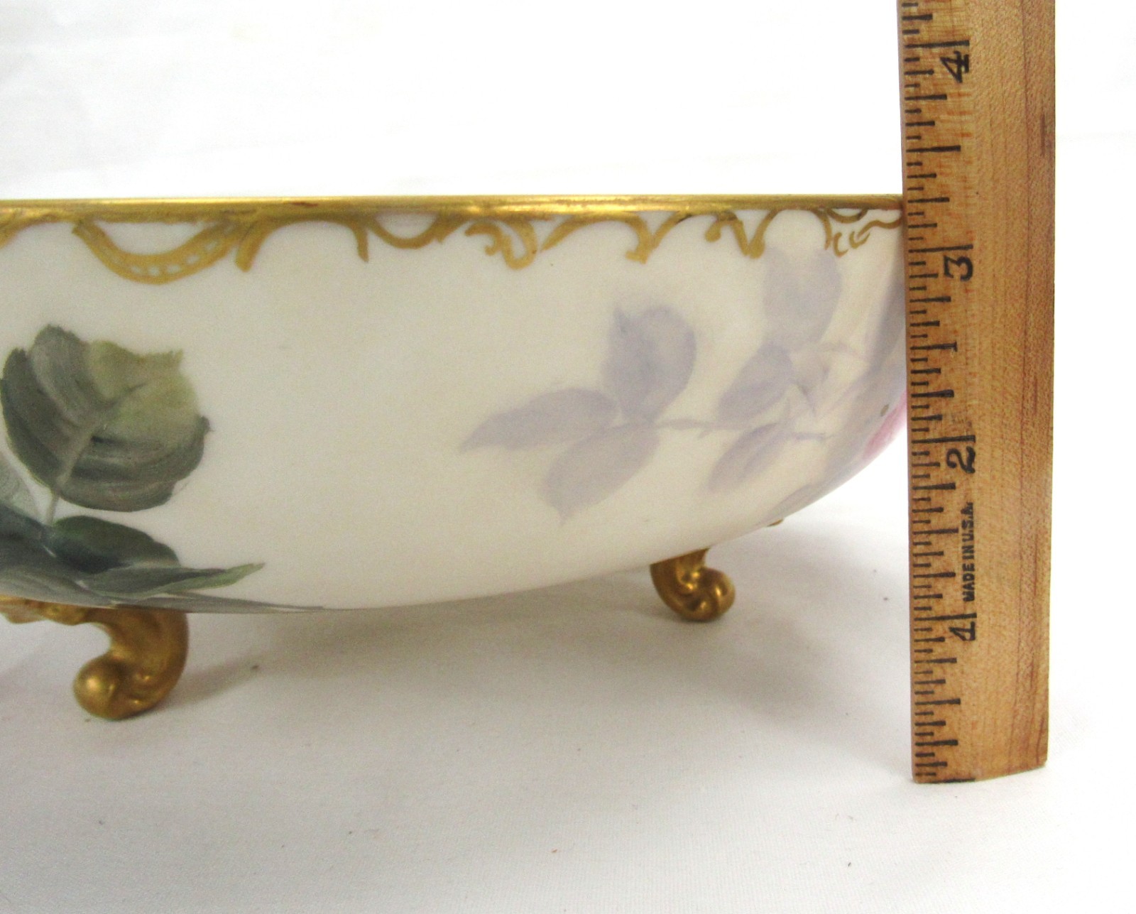 Antique Hand Painted tri Footed Bowl red roses with orated Gold Trim 9″