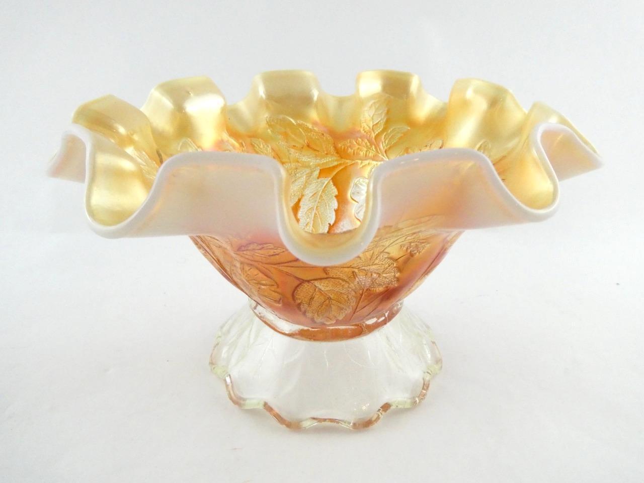 Vintage Dugan Dogwood Sprays Marigold Opalescent Carnival Glass Footed Bowl