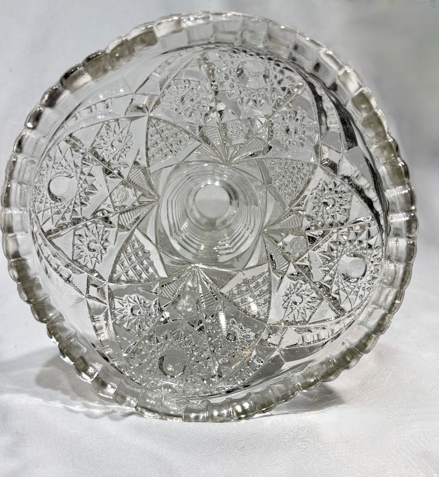 Antique Indiana Glass Paneled Daisy and Fine cut Clear Punch Bowl Base & 6 Cups