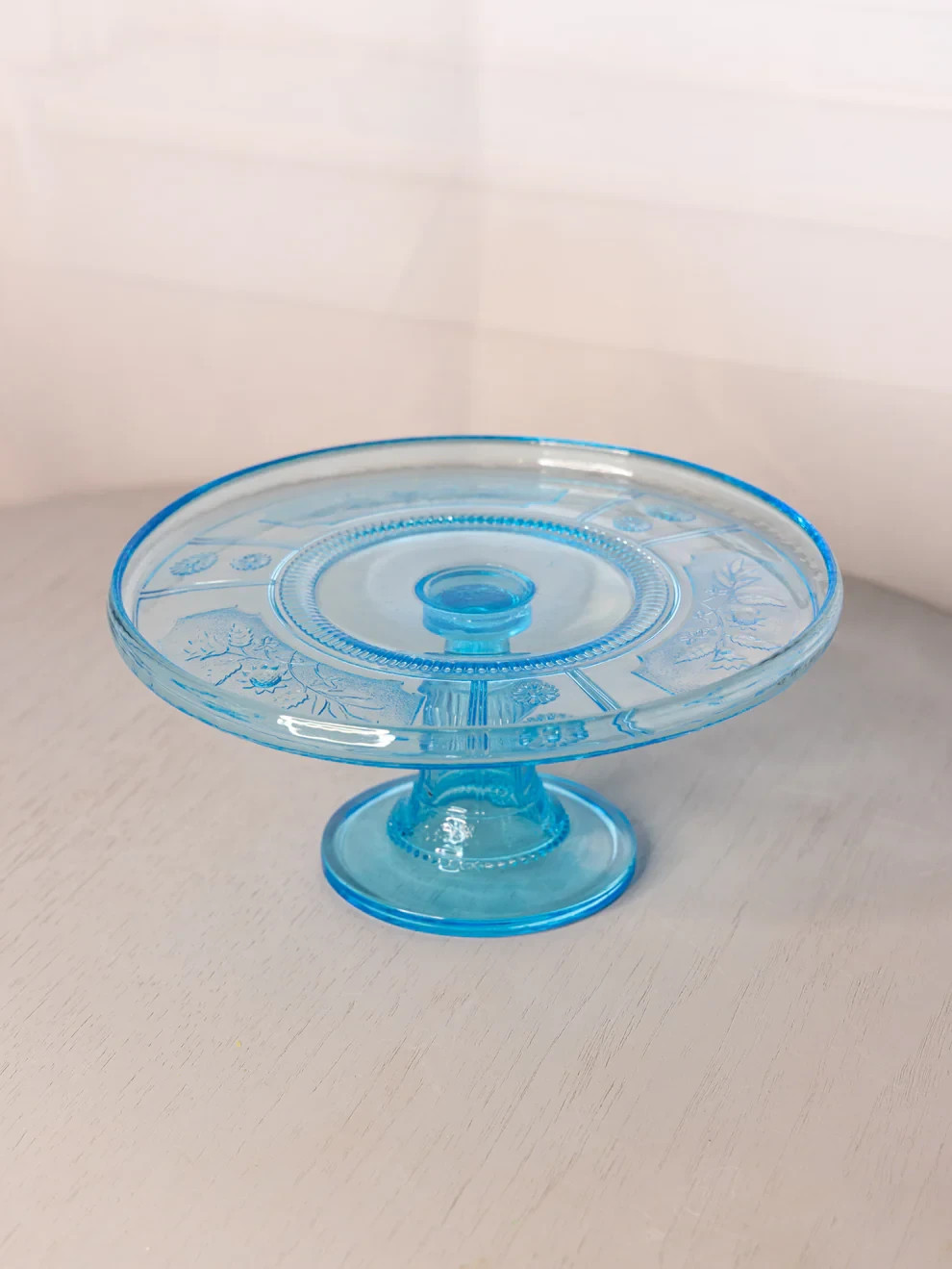 Antique Small Bryce Glass Willow Oak Blue Cake Stand