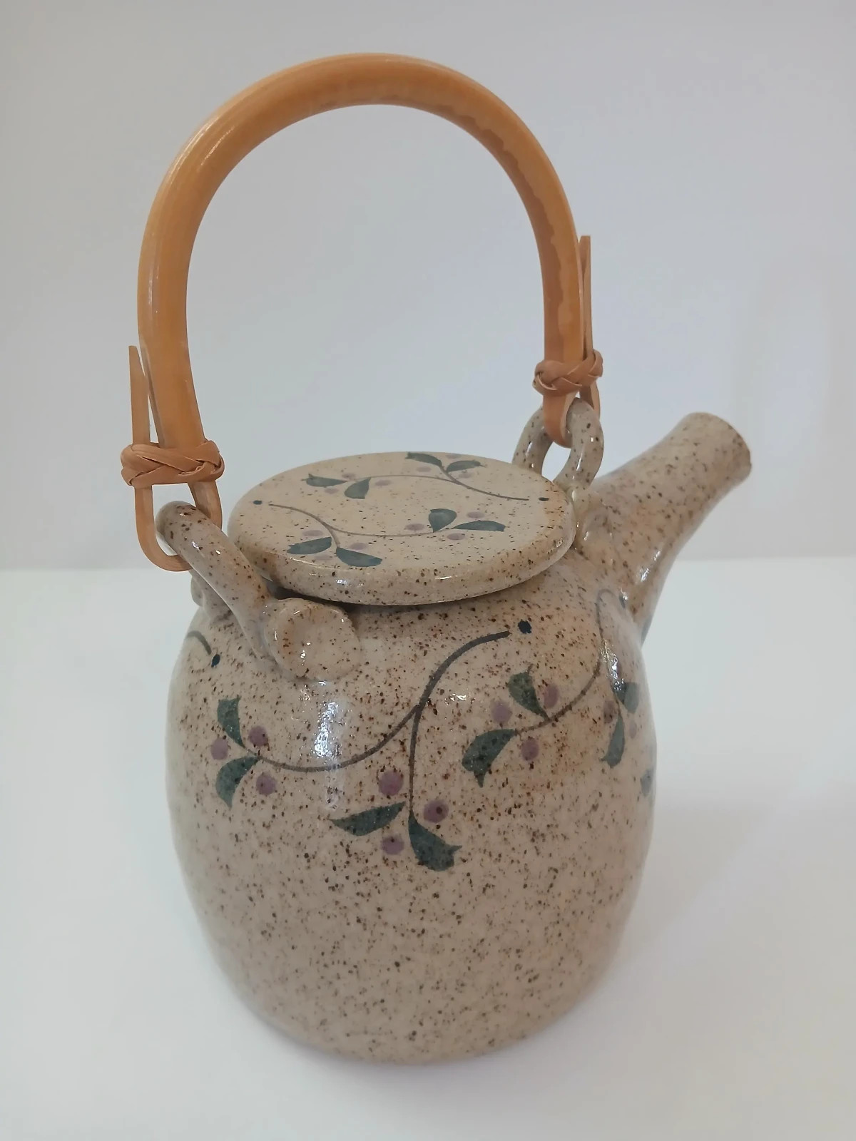 90s Cottagecore Speckled Stoneware Teapot with Bamboo Handle Hand-painted Floral