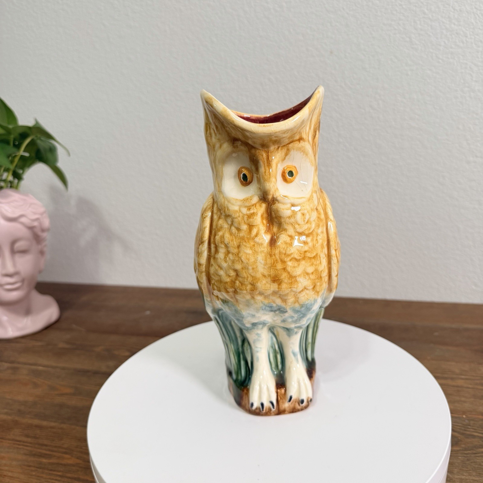 FFAS French Owl Pitcher Orange Eyes Vintage Majolica MCM Barbotine Vintage OOAK