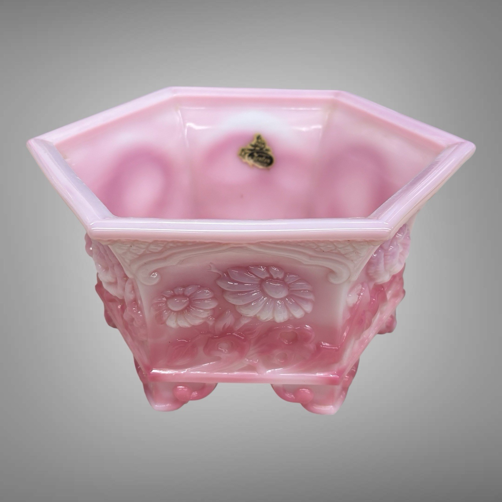 Vintage Fenton Rosalene Pink Chrysanthemum Embossed Hexagon Footed Bowl Planter