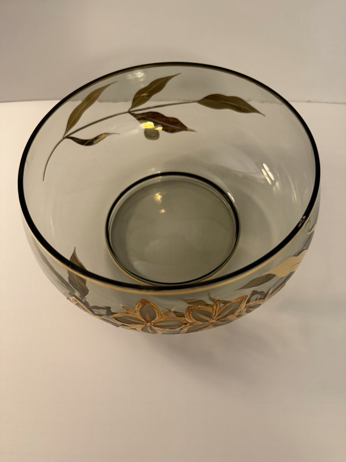 Vintage Bohemia Crystal Smoke Glass Bowl Gold Gilt Floral Czech MCM