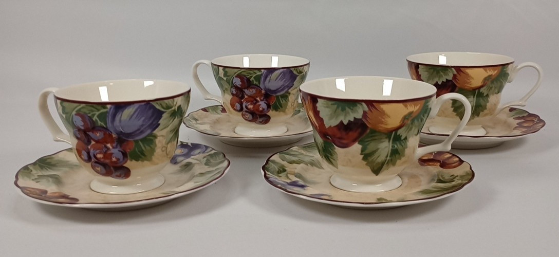Noble Excellence Napa Valley Set of 4 Tea Cups & Saucers Fruit Vineyard