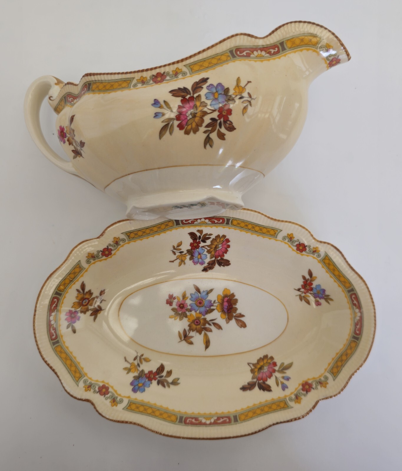 Gravy Boat & Plate Old Staffordshire Pareek Rouen By Johnson Bros 1920s Antique