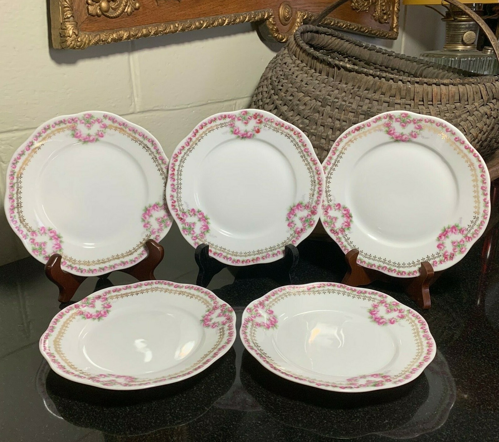5 KPM Rose Garland or Swag 6 5/8″ Dessert Plates Made in Germany – Excellent