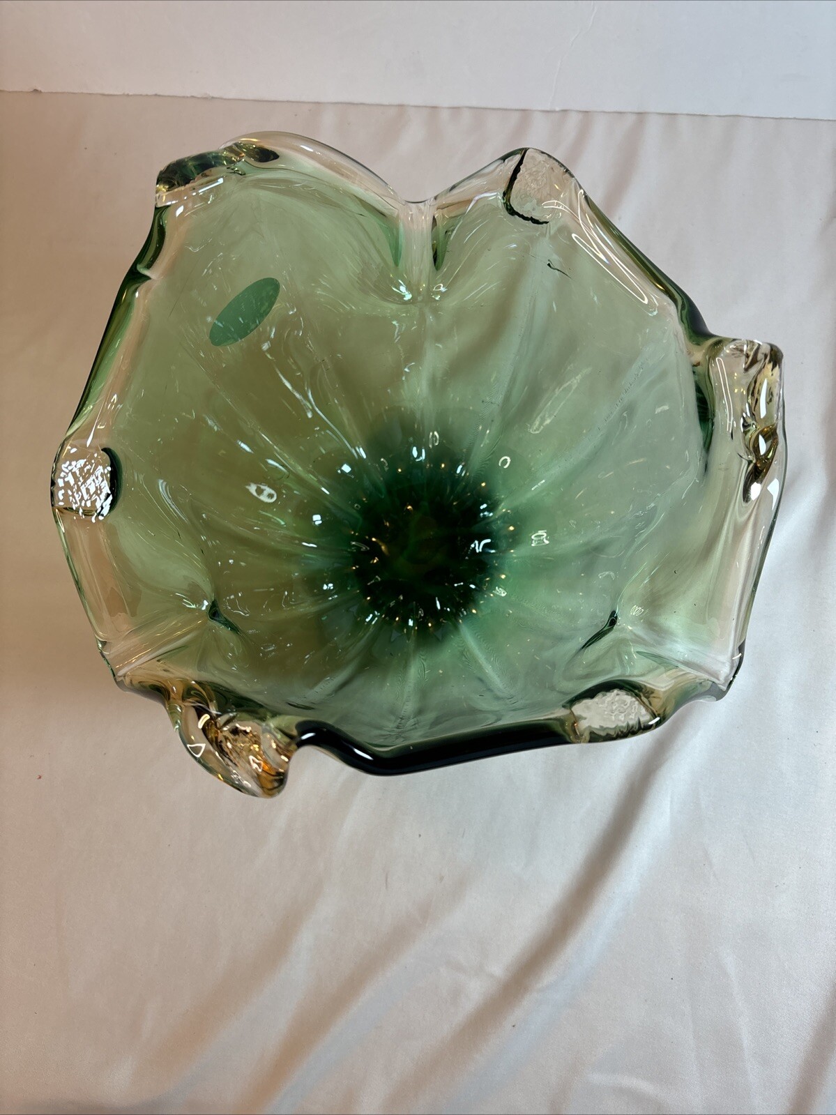 Murano Lavorazione Asymmetrical Art Glass Bowl Blue/Green Wave