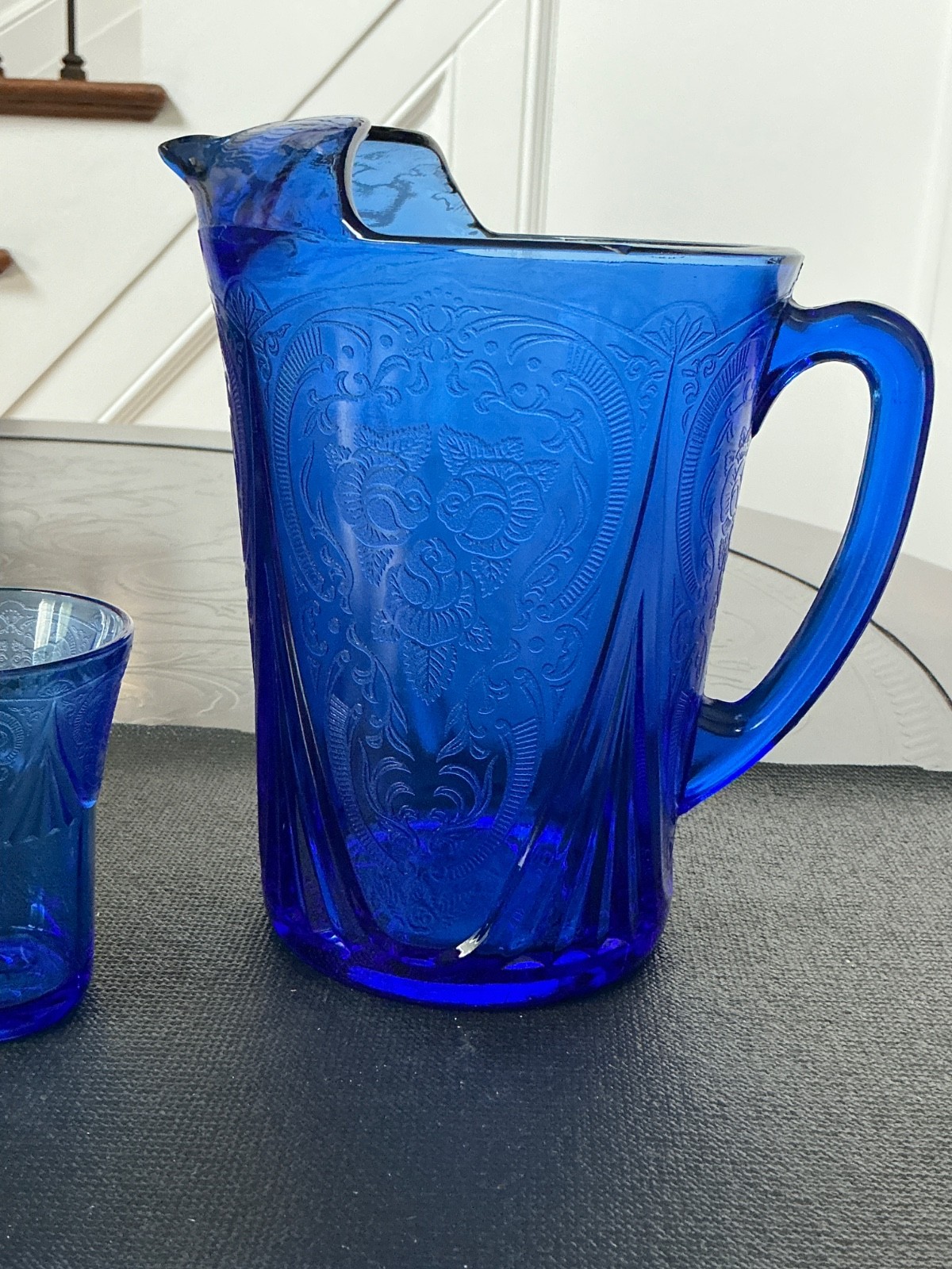 Rare vintage Hazel-Atlas Royal Lace cobalt blue pitcher 68 oz and glasses