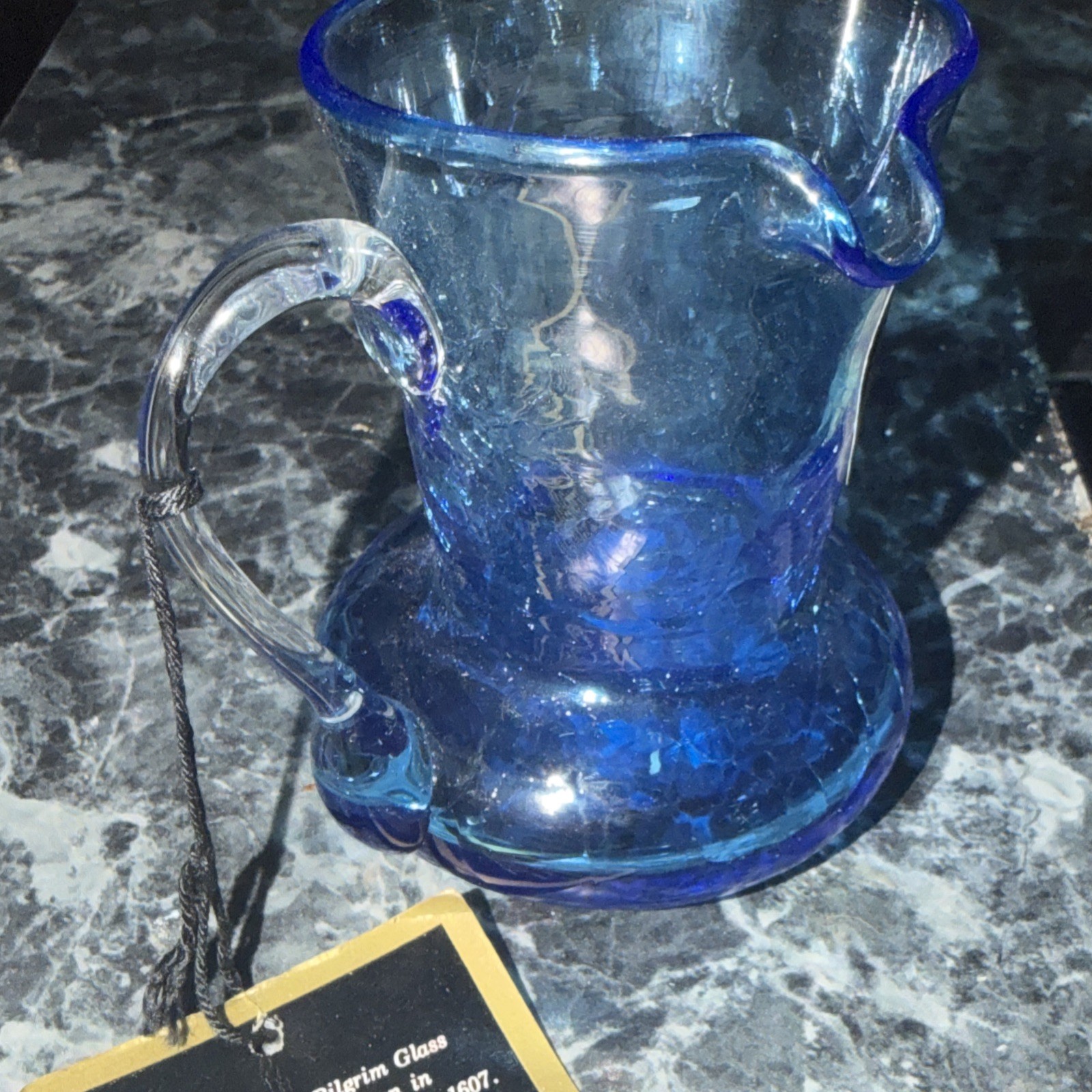 VTG Hand-Blown Cobalt Blue Crackle Glass Pitcher Creamer Applied Clear Handle