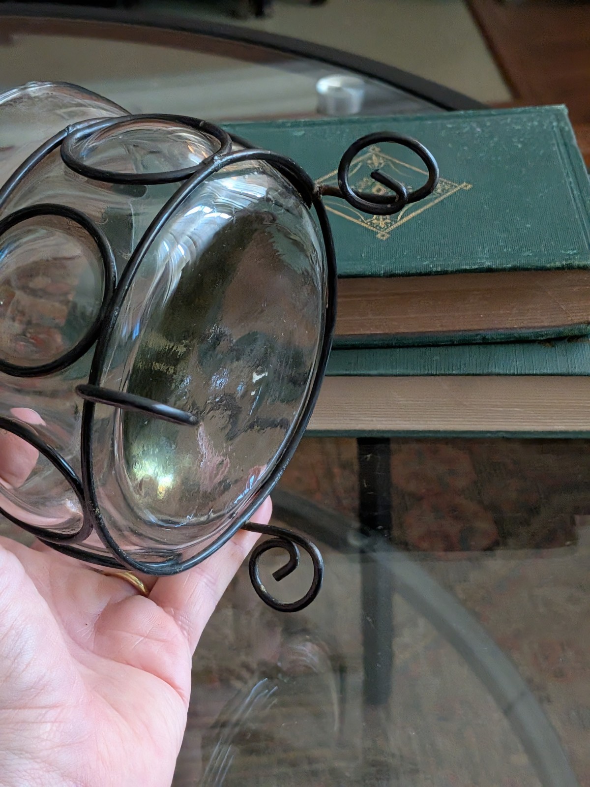 Vtg Blown Bubble Glass & Metal Caged Bowl Studio Welded Metal Frame 90s Art