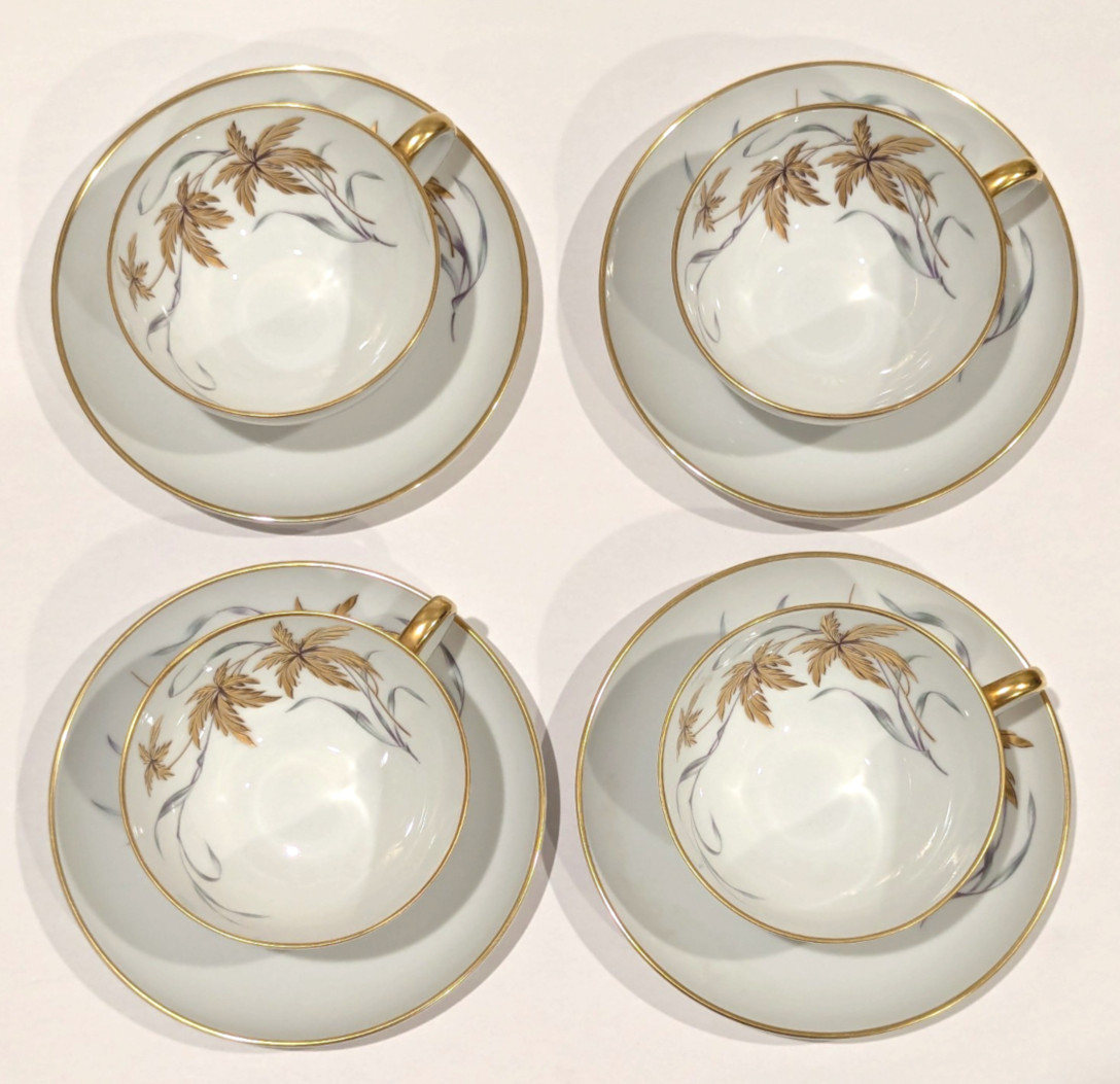 Heinrich GLAMOUR Cups & Saucers Heavy Gold Gilt Porcelain Set/4 Vintage Germany