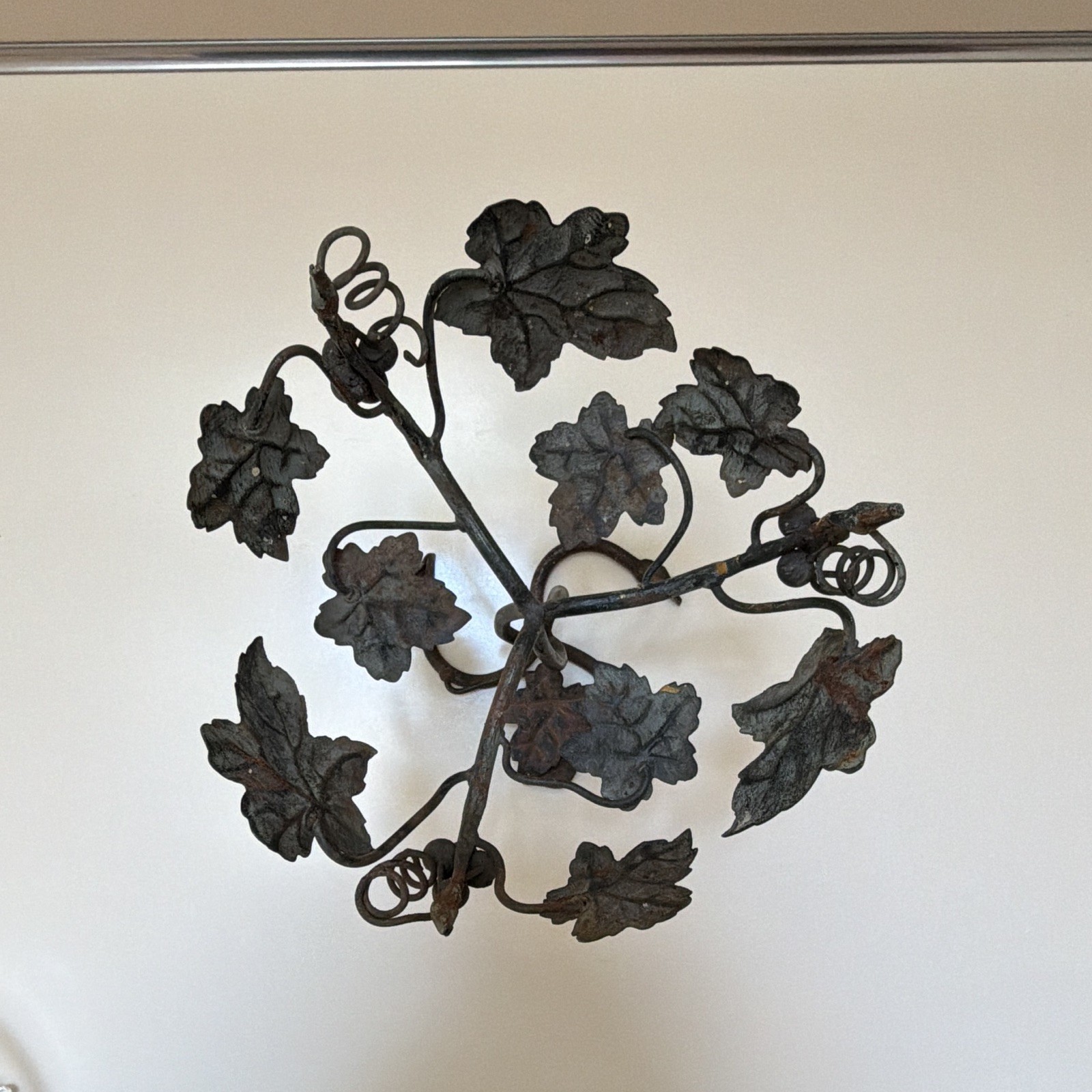 Clear Glass Floral Etched Compote Pedestal Bowl w/ Black Metal Leaf Vine Stand