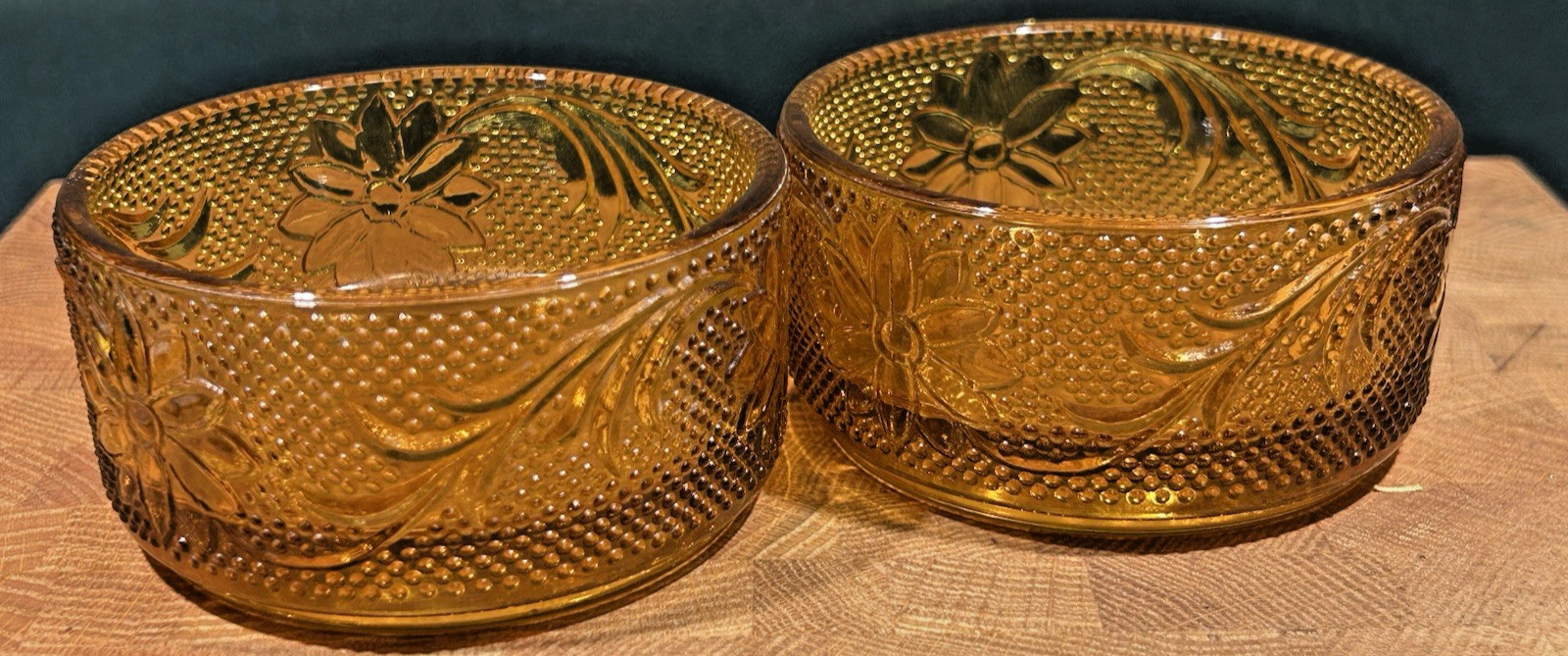 Vtg. Indiana Glass Tiara Amber Round Sandwich Ramekin/Dessert Set of 2- 3.75″