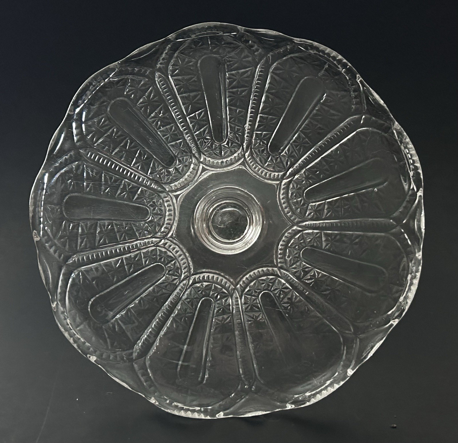EAPG Bryce Walker & Co Jasper Late Buckle Pedestal Cake Stand Clear Glass 10”