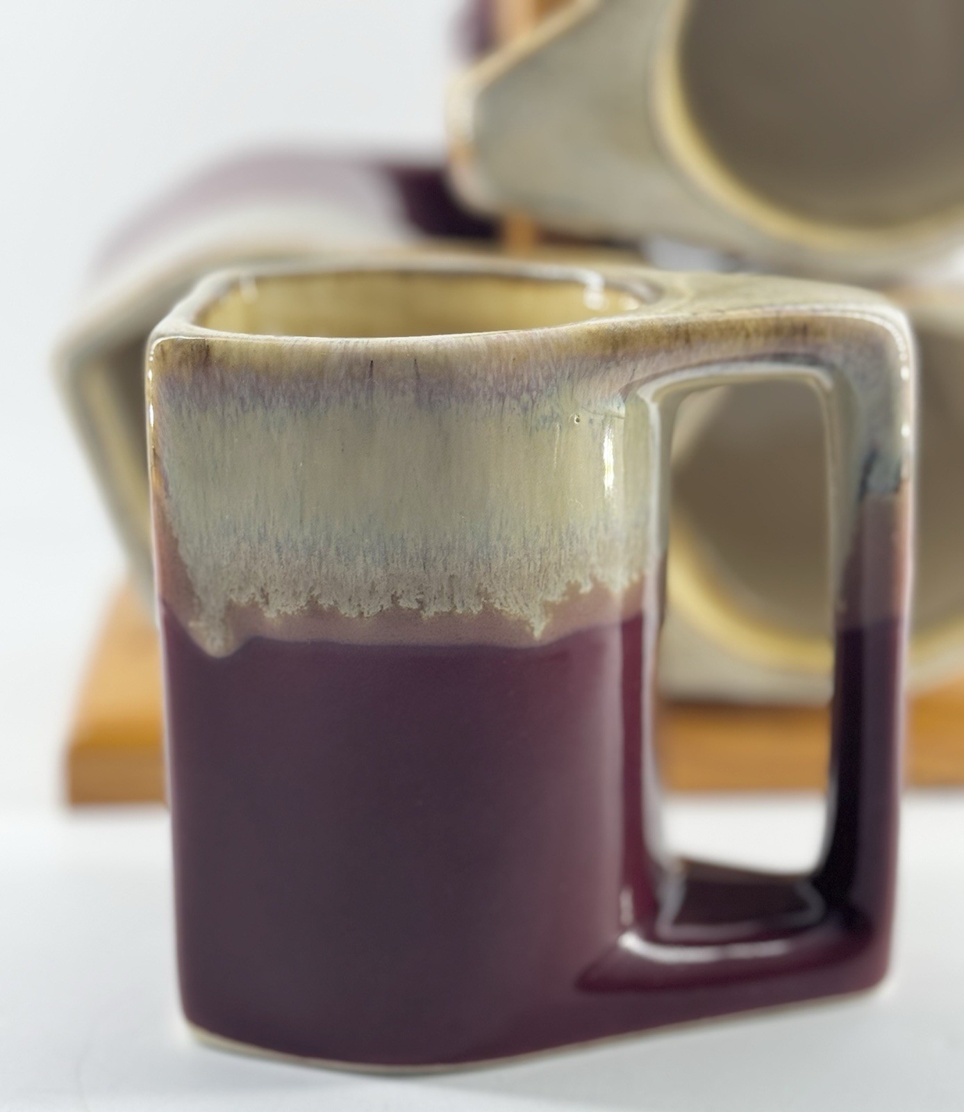 4 Rodolfo Padilla Mugs with Stand Signed Artisan Stoneware Drip Glaze Deep Red