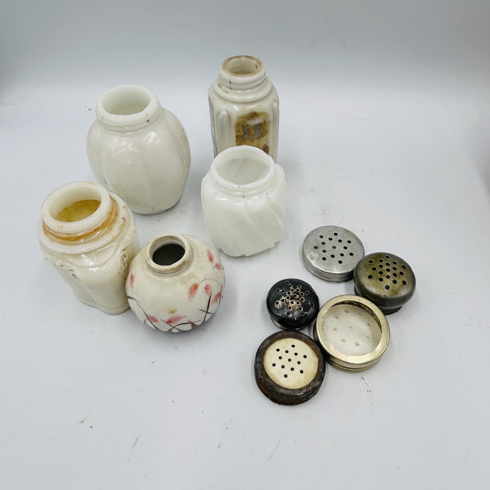 5 Antique Eapg Milk Glass Mixed Lot Salt Shakers