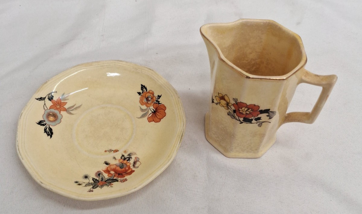 Vintage American Limoges Floral Pattern Yellow Creamer Pitcher & Saucer Set SB