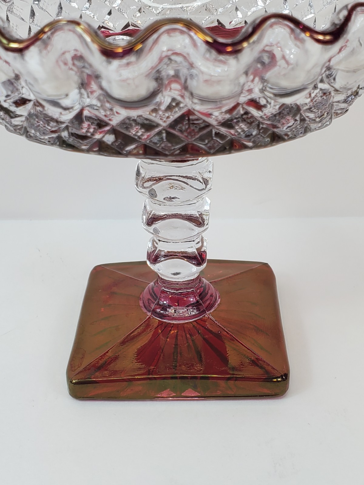 Vintage Westmoreland Compote Ruby Stain Ruffled Edge Glass Pedestal Bowl