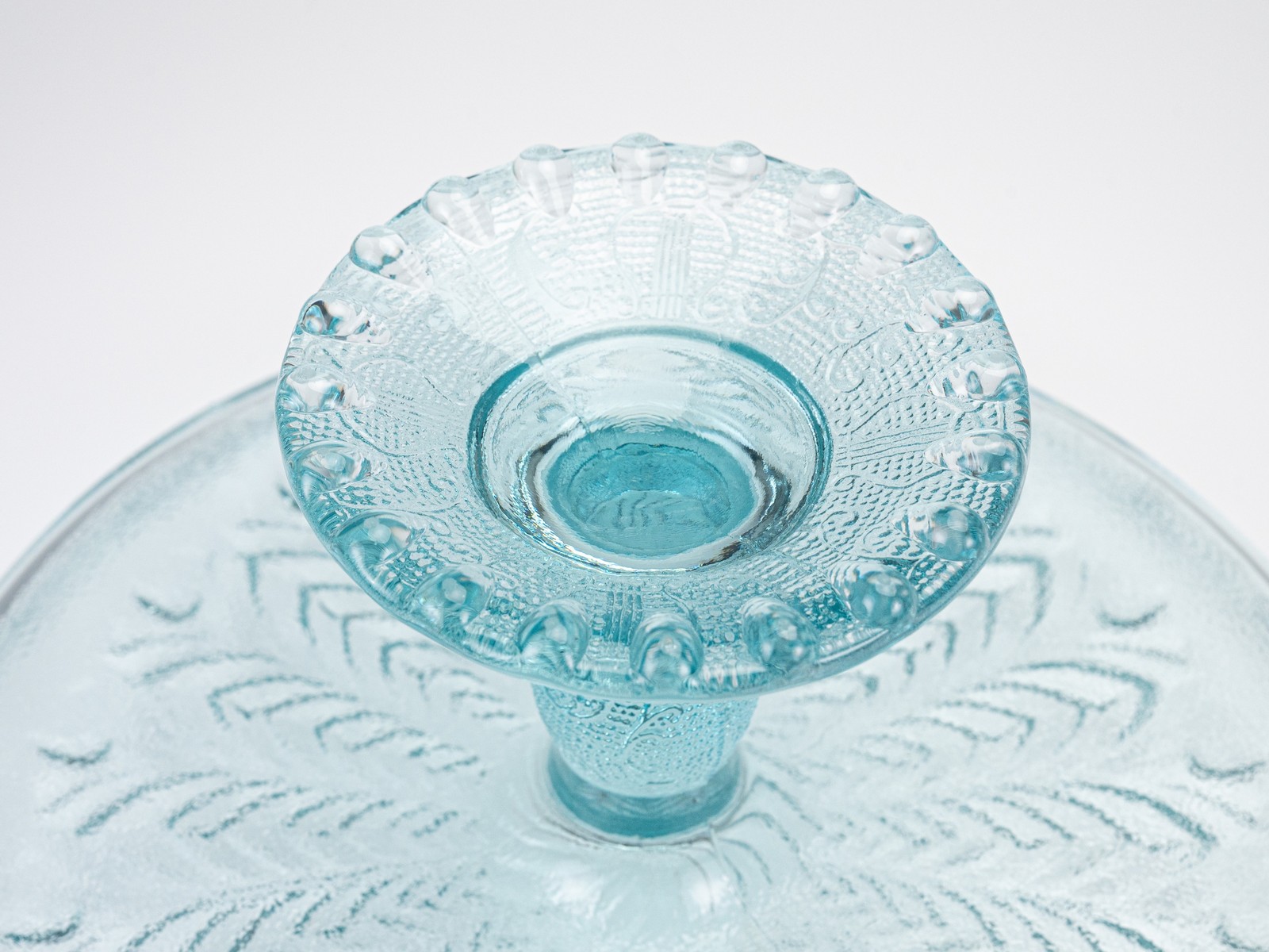 Vintage 1950s Jeannette Ice Blue Glass Feather Harp Pedestal Cake Plate Stand