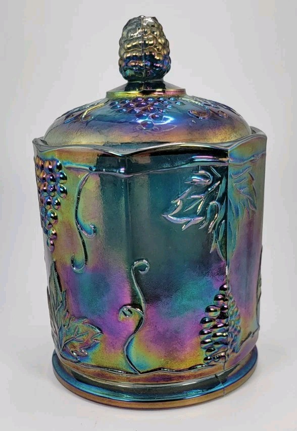 Vintage Indiana Blue Grape Harvest Carnival Glass Candy Canister Lid Chipped