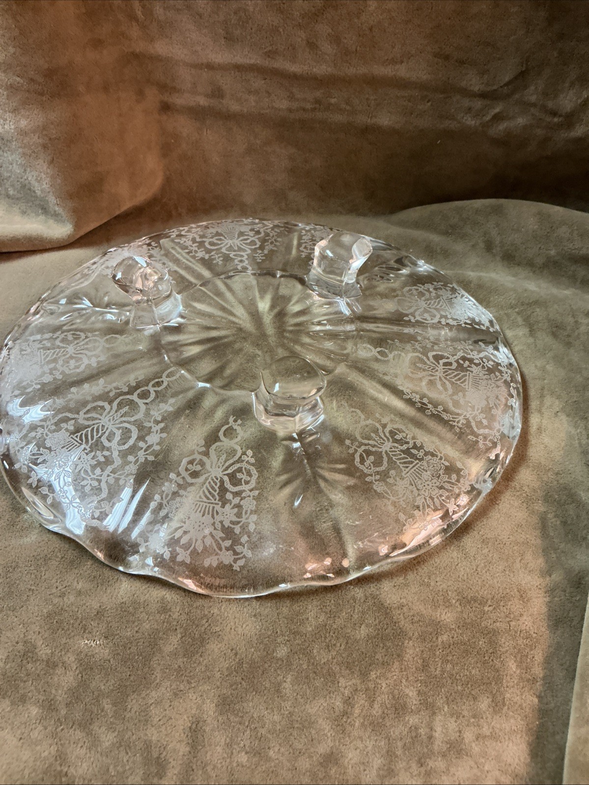 Vintage Fostoria glass corsage etched pattern three towed tidbit Baroque 1940’s