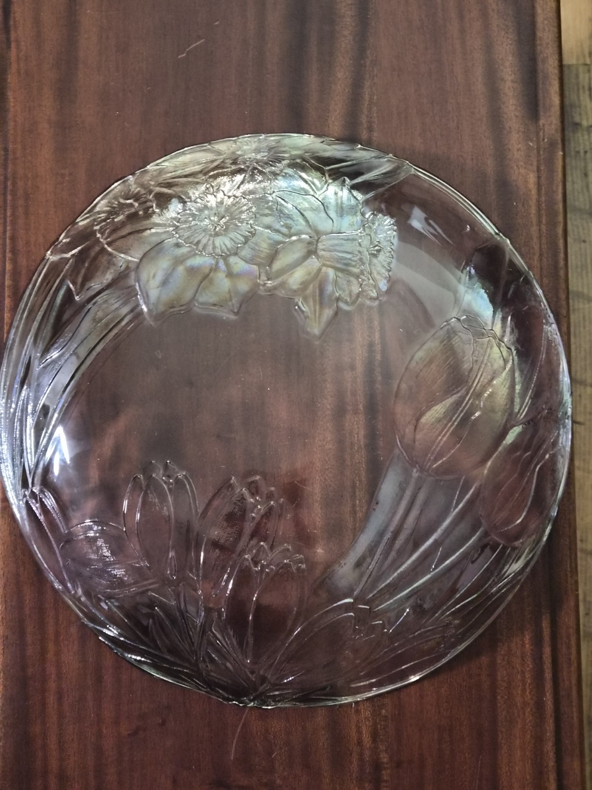 Vintage 13” CRYSTAL Round platter “BLOSSOM” Iridescent Colorful Design