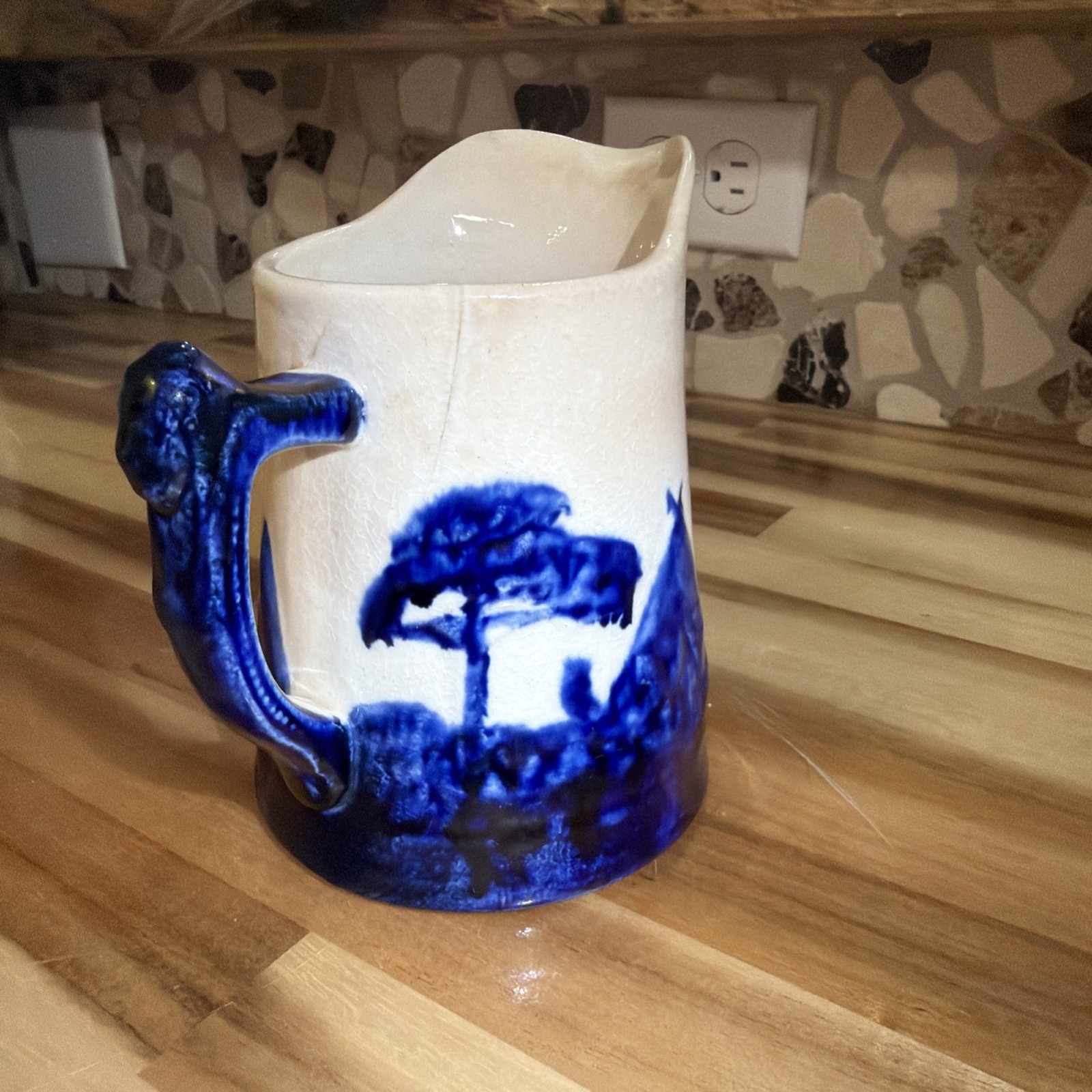 Original OLD SLEEPY EYE PITCHER MONMOUTH, IL POTTERY 5” TALL BLUE AND WHITE