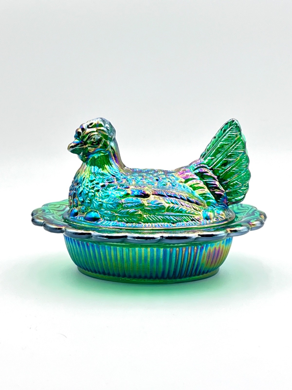 Mosser Hen on Nest HUNTER GREEN CARNIVAL6 1/2″ Glass Marked Mosser FREE SHIP