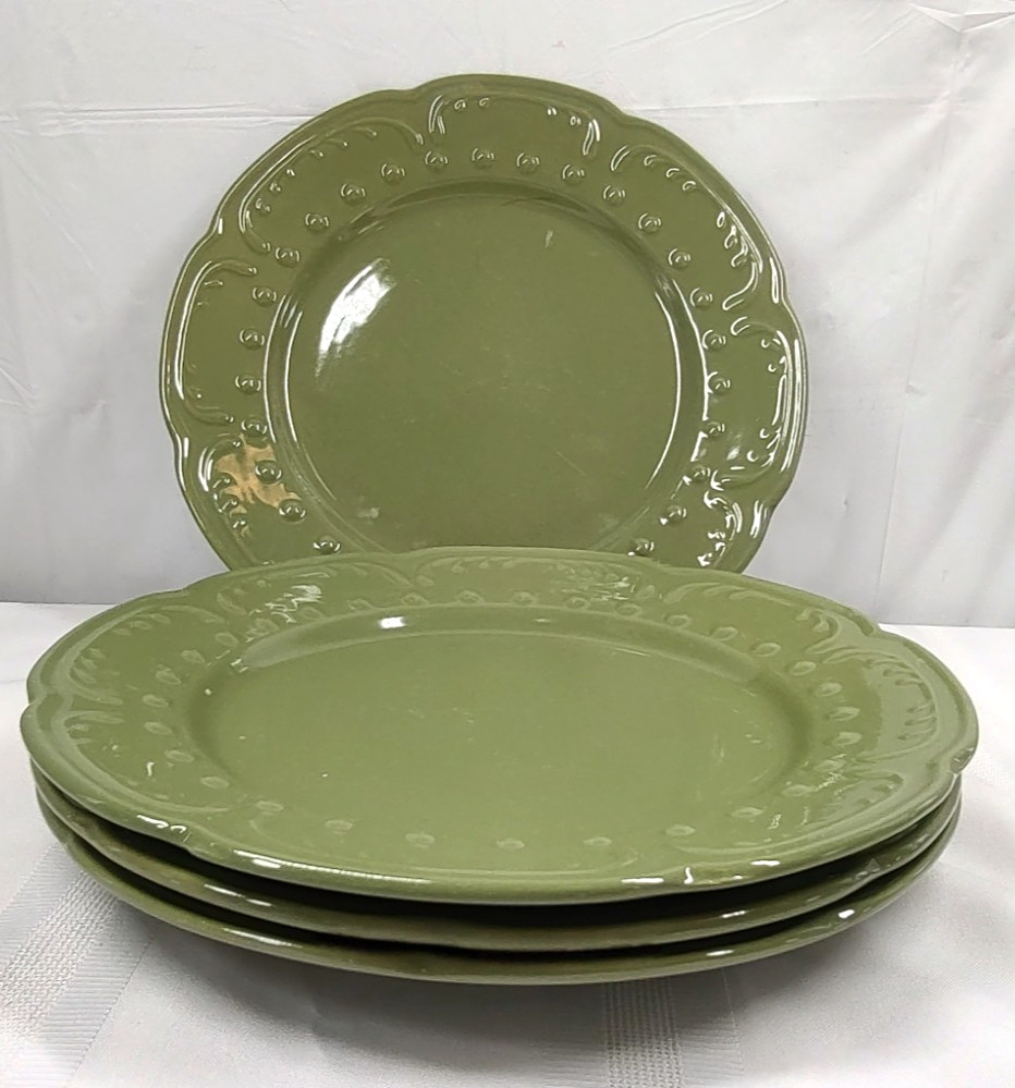 Candice Collection Dinner Plates Elegant Dining Avocado Green Embossed Lot of 4