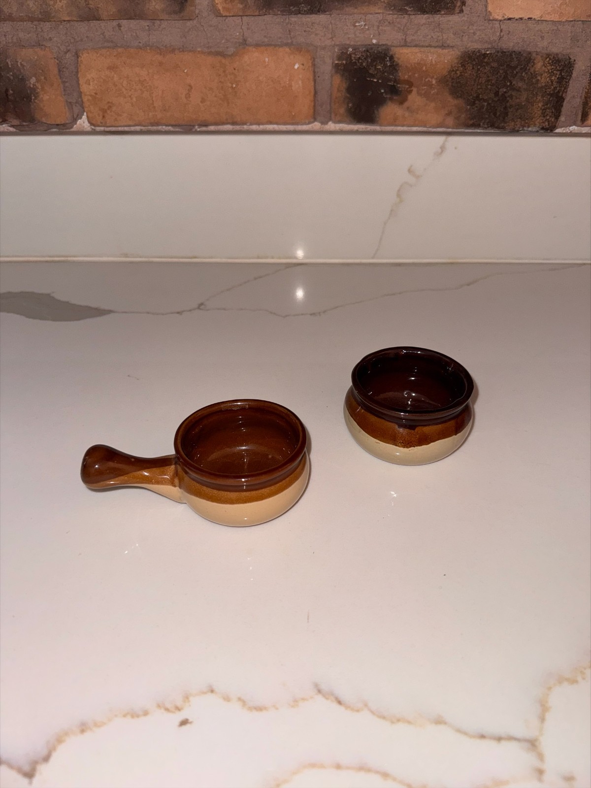 Vintage Mini Brown Drip Glaze Stoneware Bowls With Handle Crock Pot Style Set