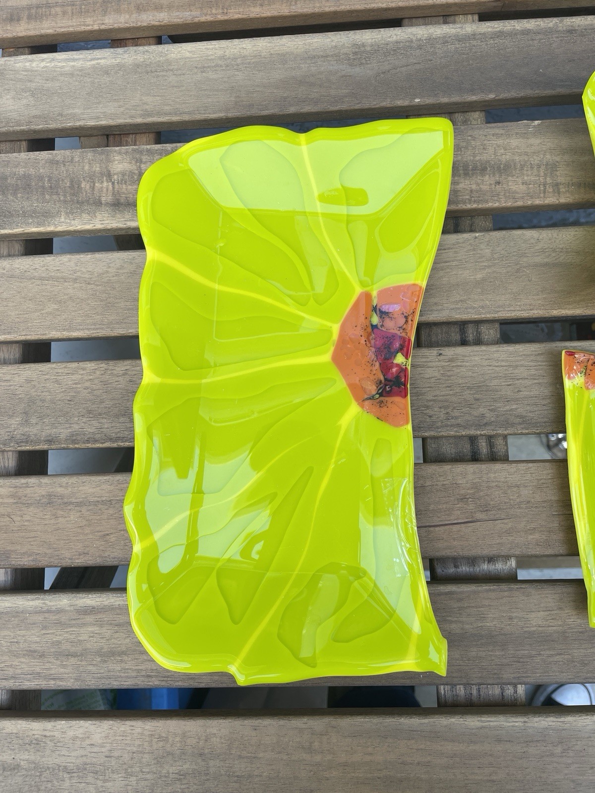 Fused Glass Platter Set – Chartreuse Orange and Red Accents – Signed by artist