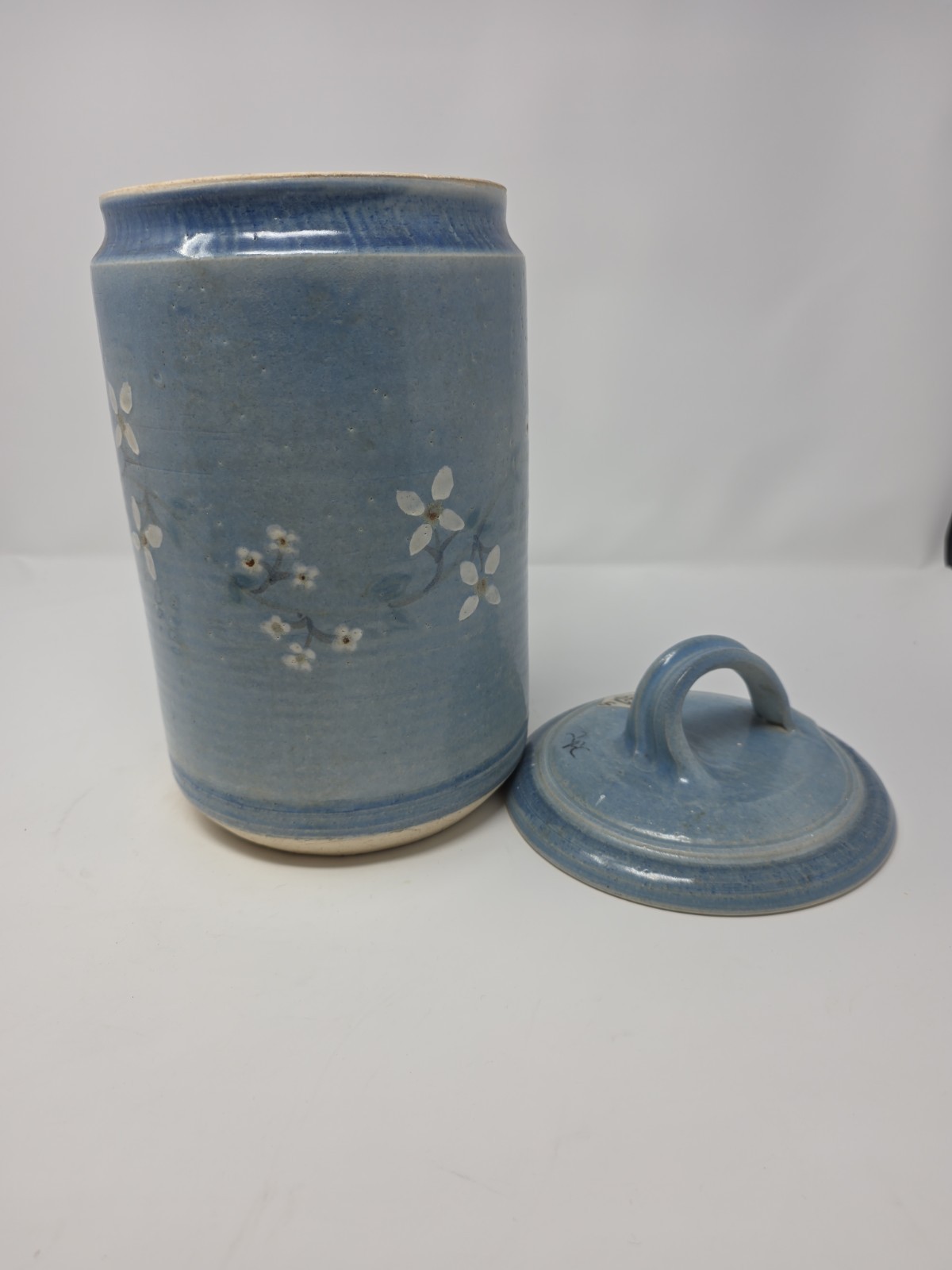 Floral Blue Pottery Jar Stoneware Studio Pottery Crock 12″ Tall 6″ Diameter