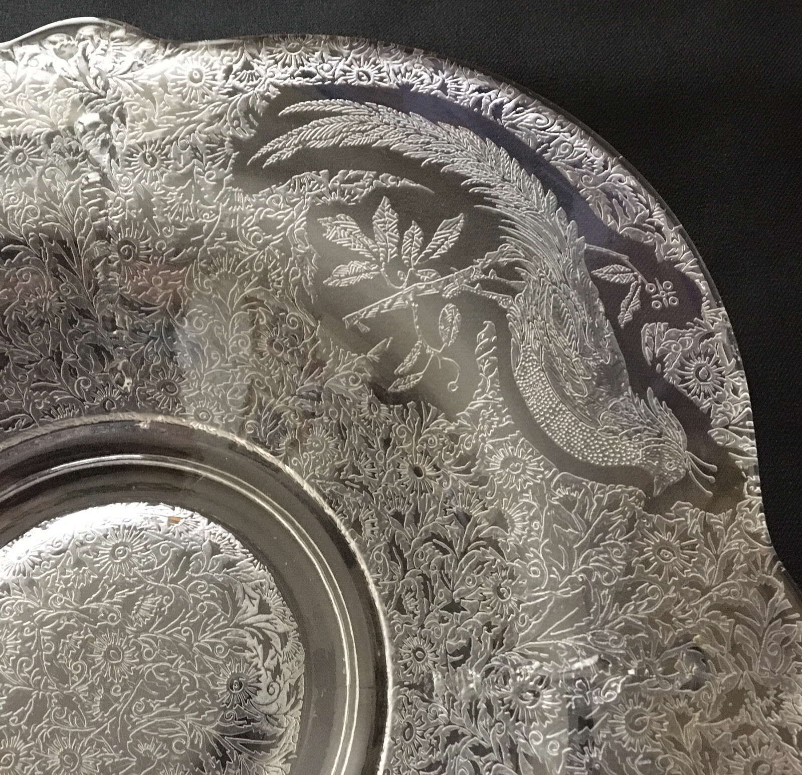 Paden City Glass Sasha Bird Etched Pattern CONSOLE BOWL Clear Vintage 1930s 12”
