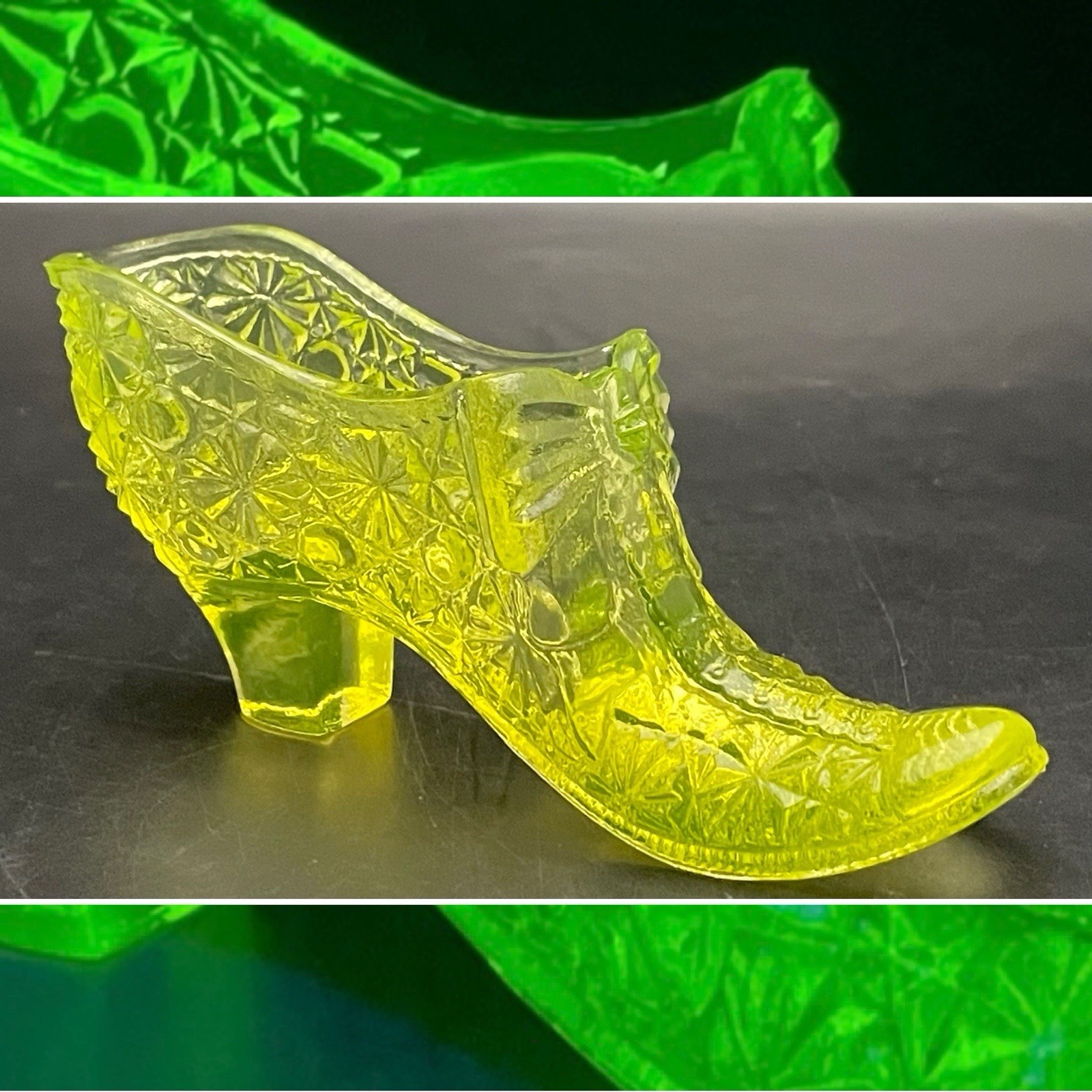 Boyd’s Uranium Glass Daisy & Button w/Bow Shoe Salt Cellar 1993-98 Made in USA