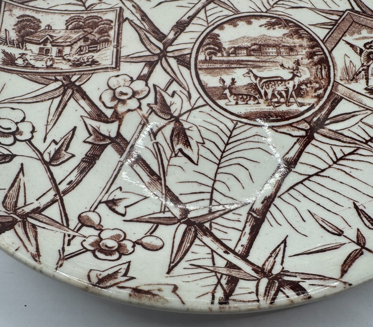 Antique JH Davis Chatsworth Transferware Brown Bamboo Pastoral Deer Bird Saucer