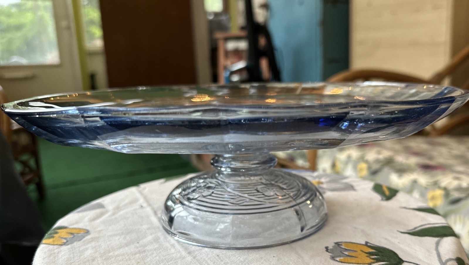 Vtg Anchor Hocking Avalon Blue Glass Pansies Pedestal Cake/Serving Plater 11.75”