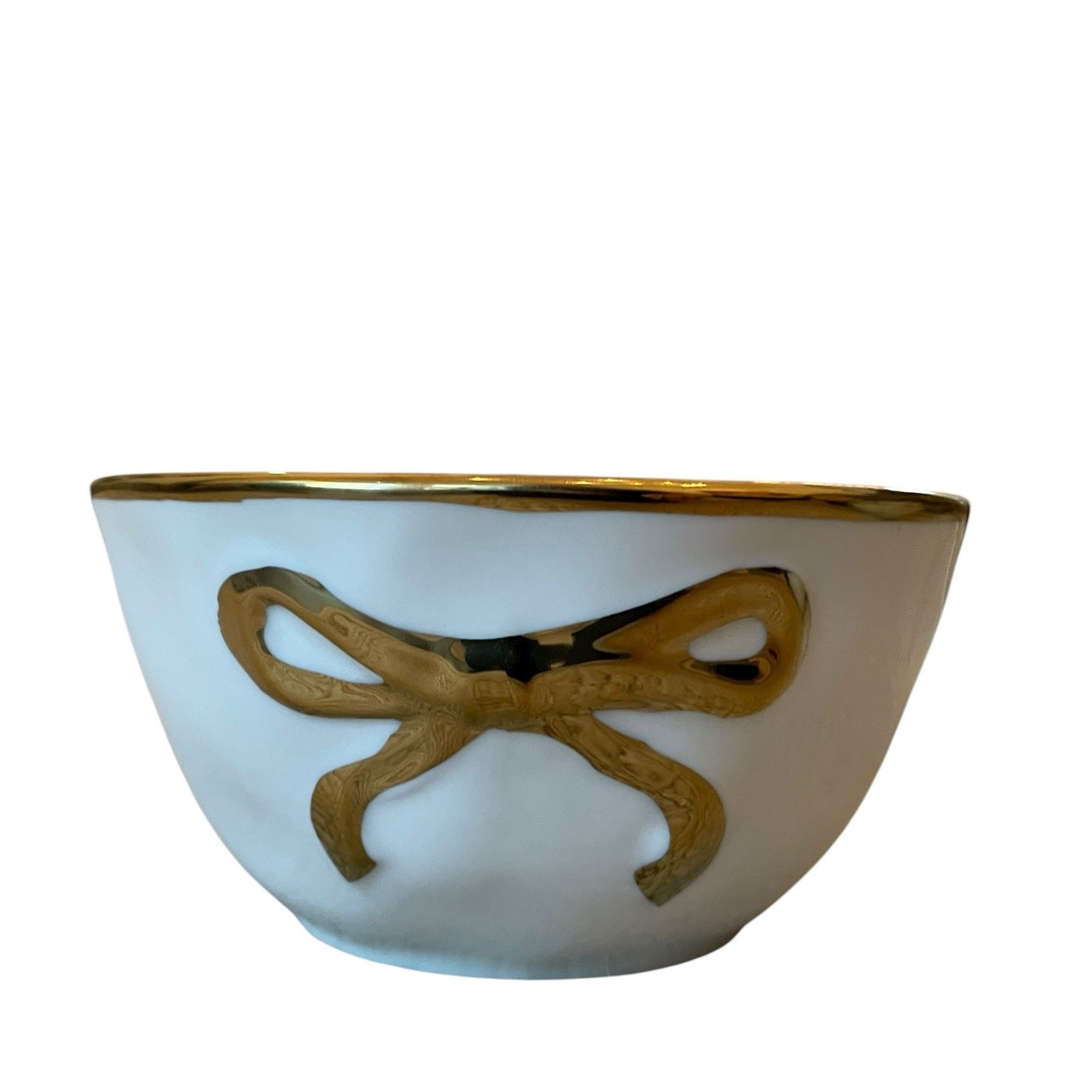 Hand Painted Coquette GOLD BOW Salad Bowls 6.25in White Ceramic Set of 4 NEW