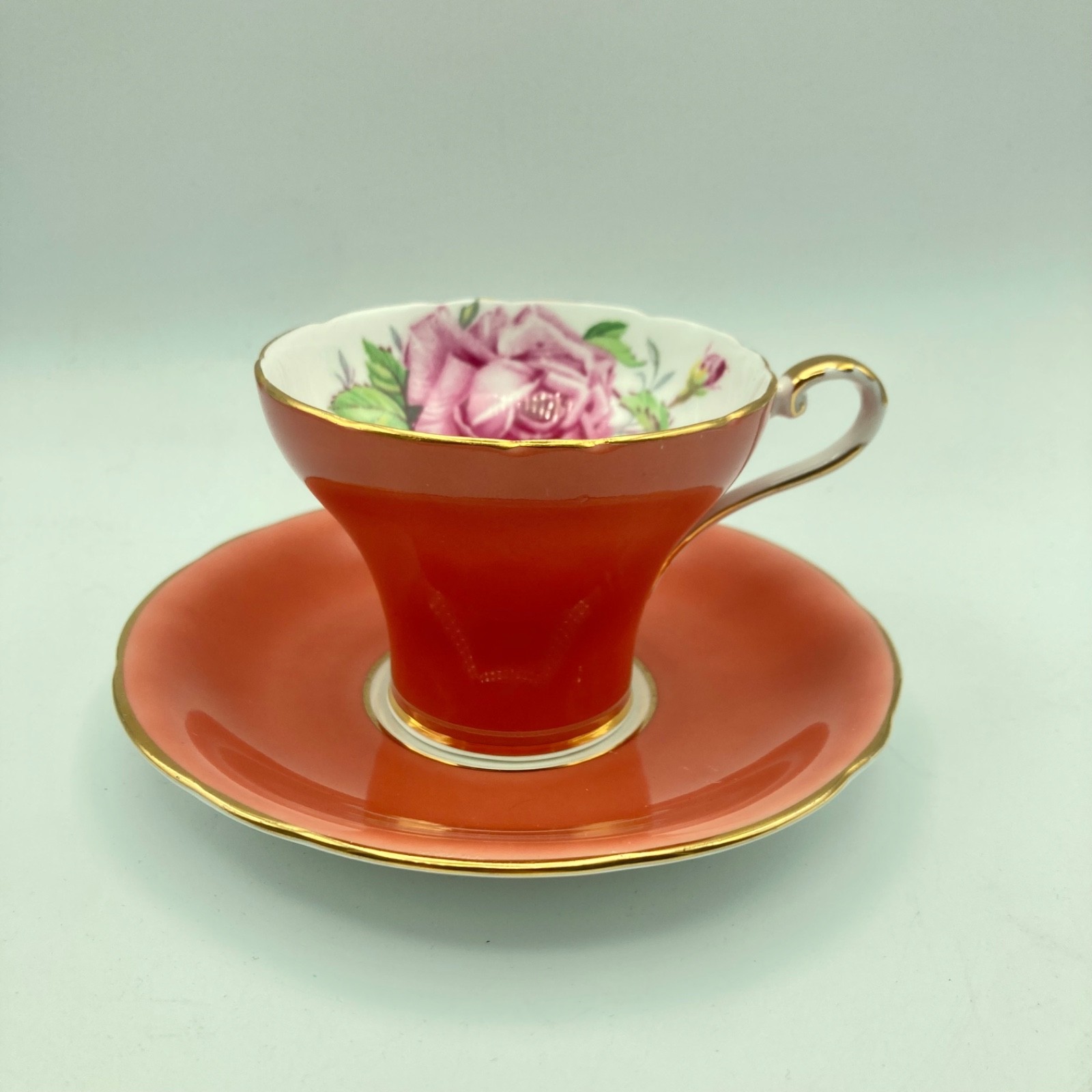 Cabbage Rose Tea Cup & Saucer Aynsley Coral Bone China England Gold Trim
