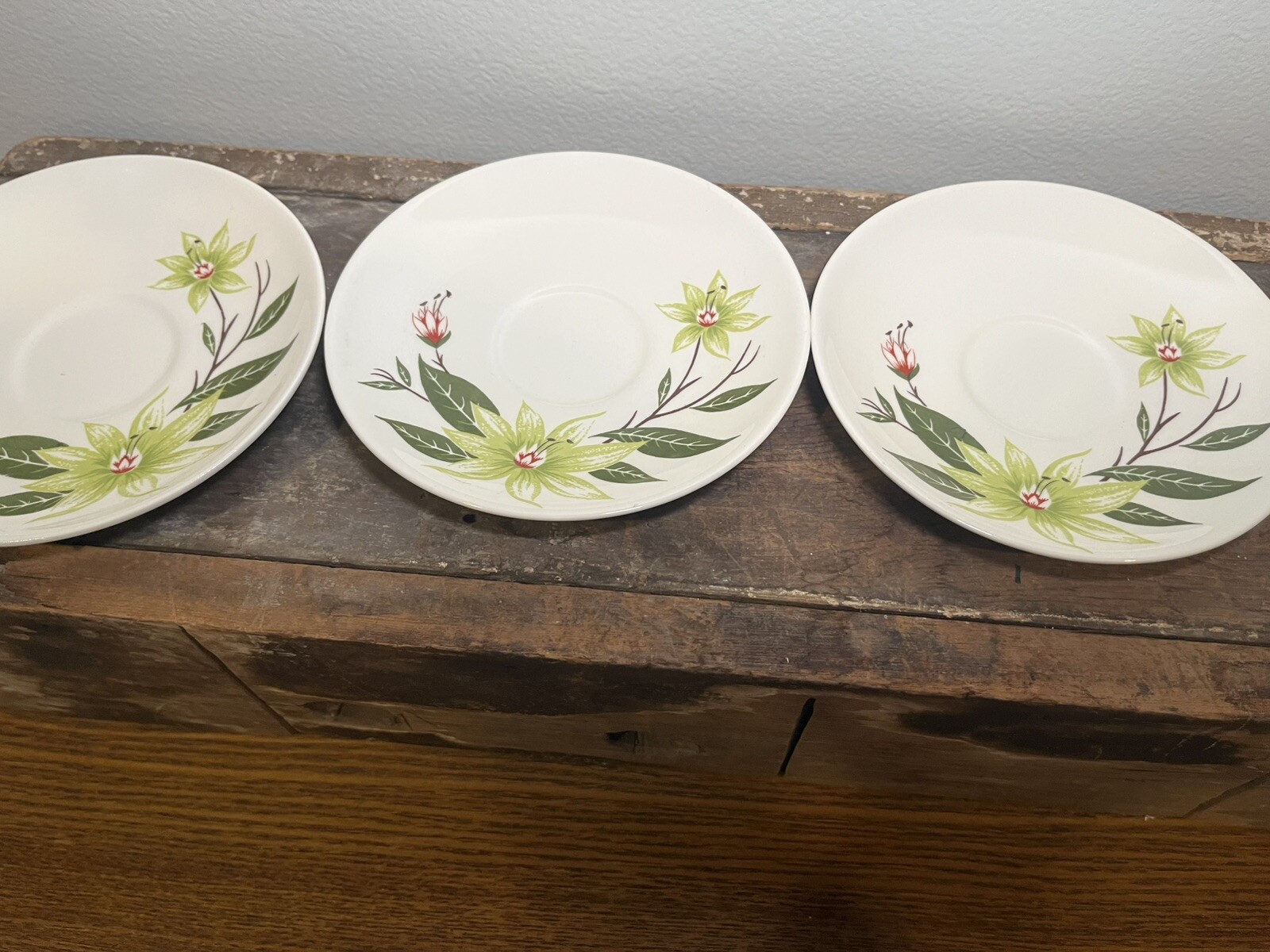 Vintage Homer Laughlin Rhythm Desert Lily Pottery Saucers Green Flowers 1952 MCM