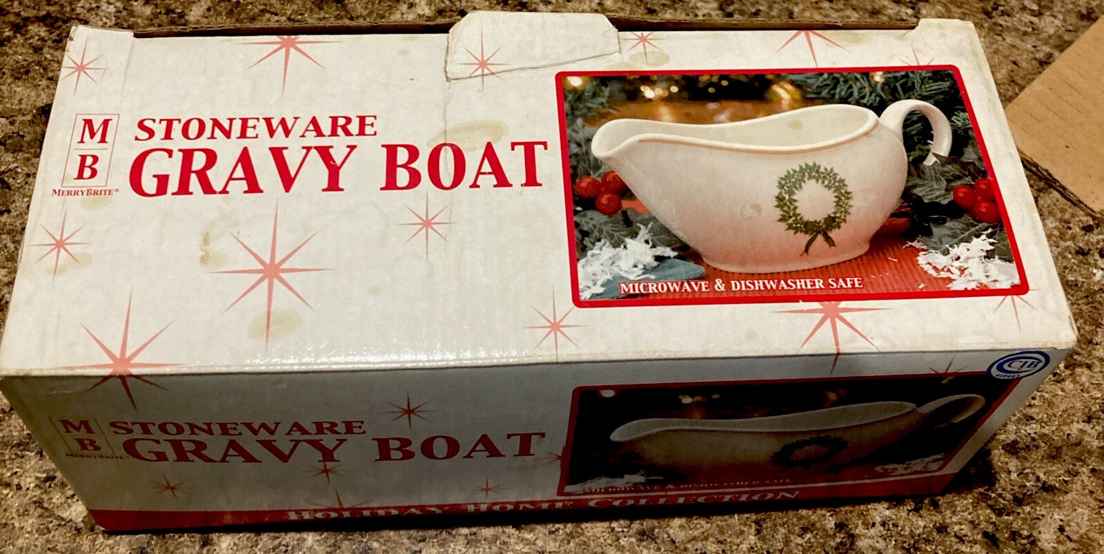MerryBrite Stoneware Gravy Boat Holiday Home Collection with Wreath *NICE*