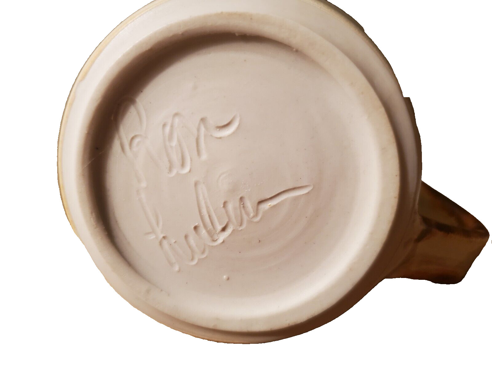 Art Pottery Mug Brown Tan Blue Gray Signed Ron Hulu or Lulu Possibly Studio Art