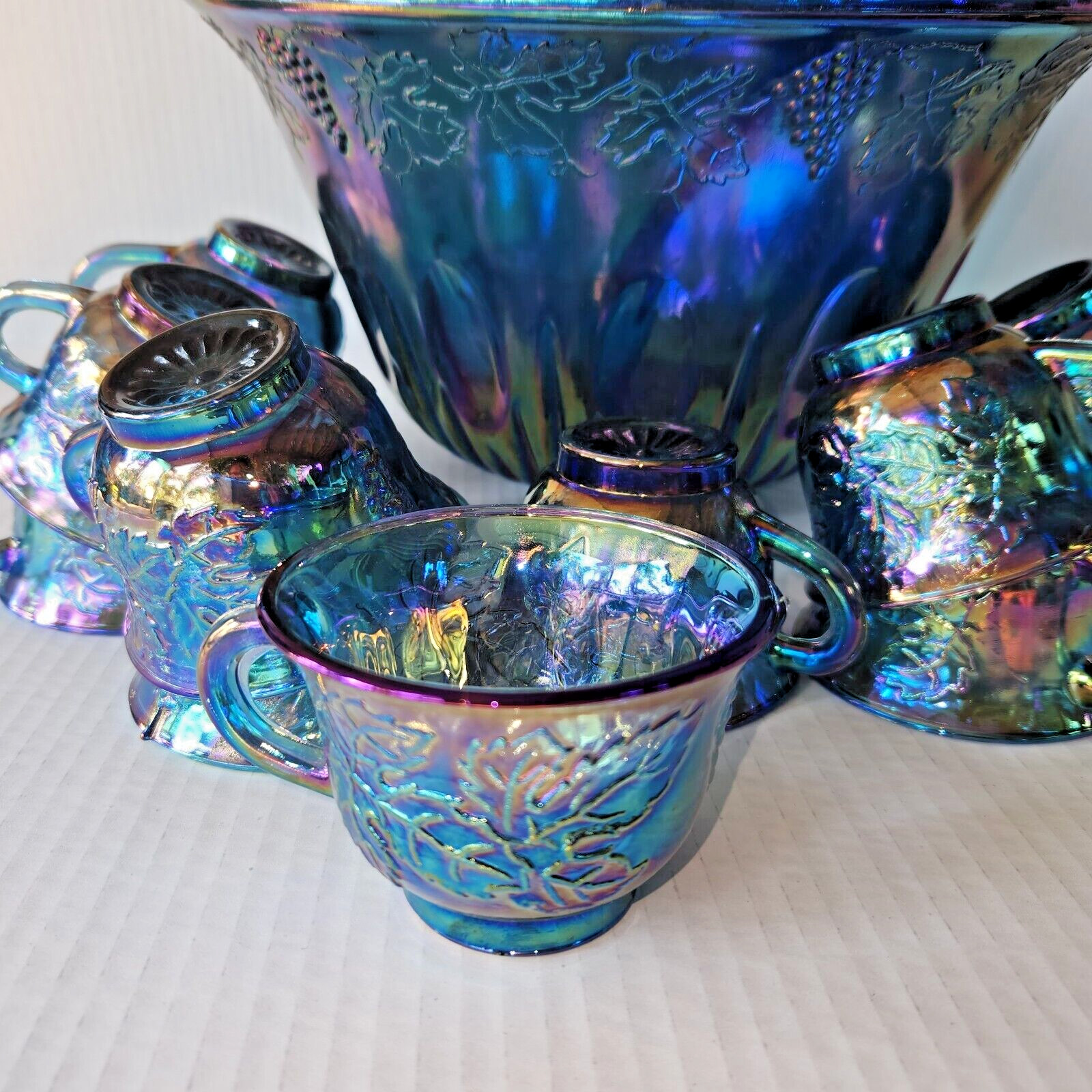 Vintage Indiana Glass Grape Harvest Punch Bowl Set Princess Blue Iridescent 14pc