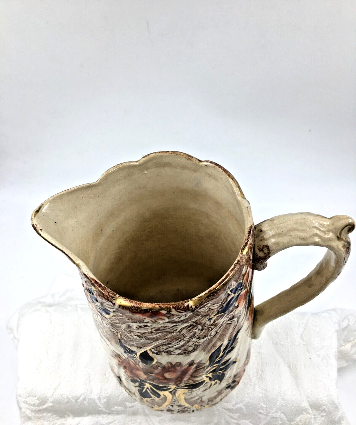 Vintage/Antique Pitcher Rust & Orange Flowers Cobalt Blue Leaves Gold Unbranded