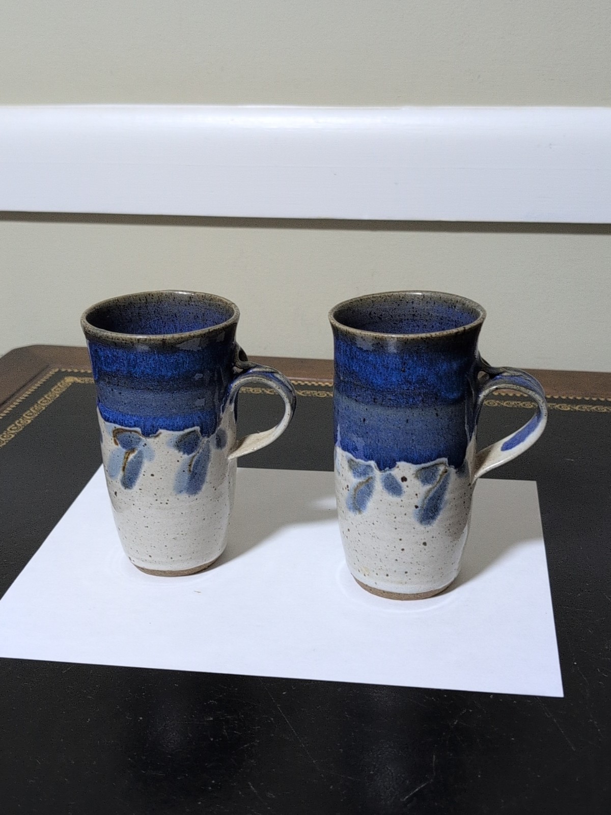 Studio Art Pottery Mugs Blue,Tan, Gray, Signed 1986 Glazed! Lot Of 2