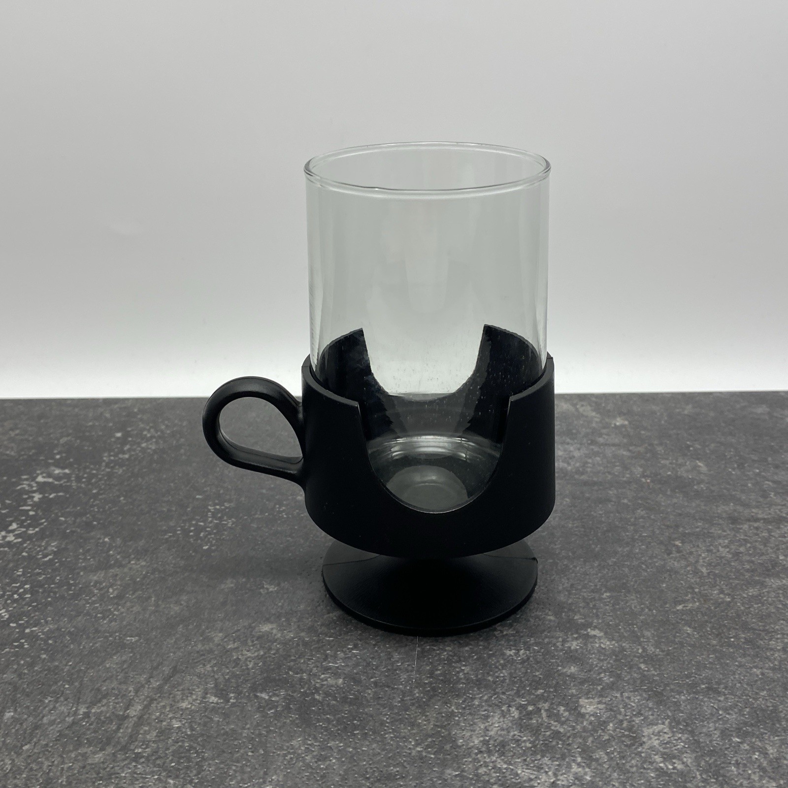 Vintage Set of 2 Glas-Snap by Corning 10oz Glasses Black Plastic Footed Holders