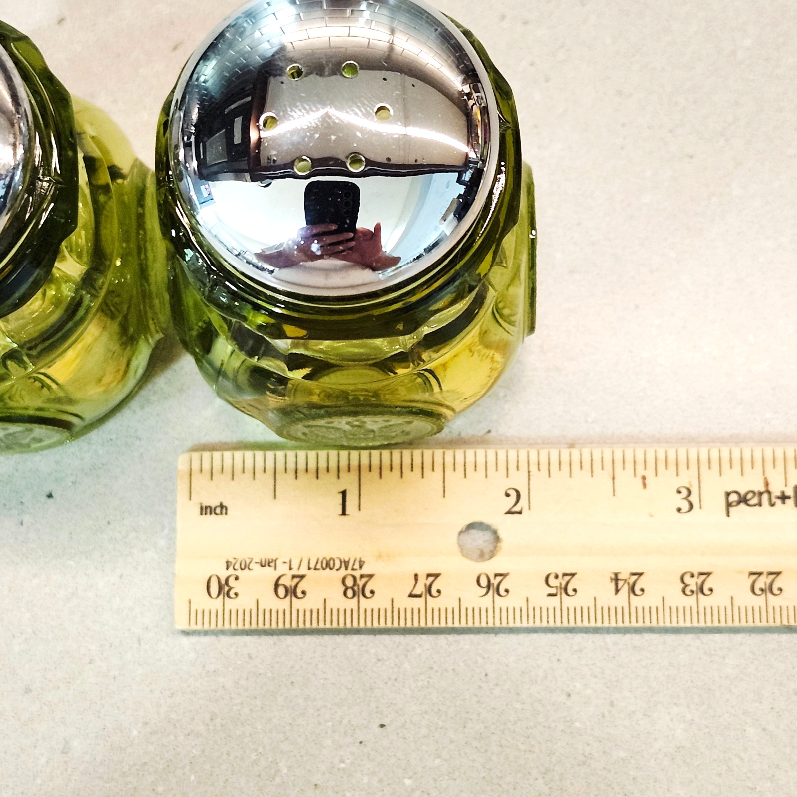 Vintage Fostoria Olive Green Glass Coin 3” Tall Salt & Pepper Shakers