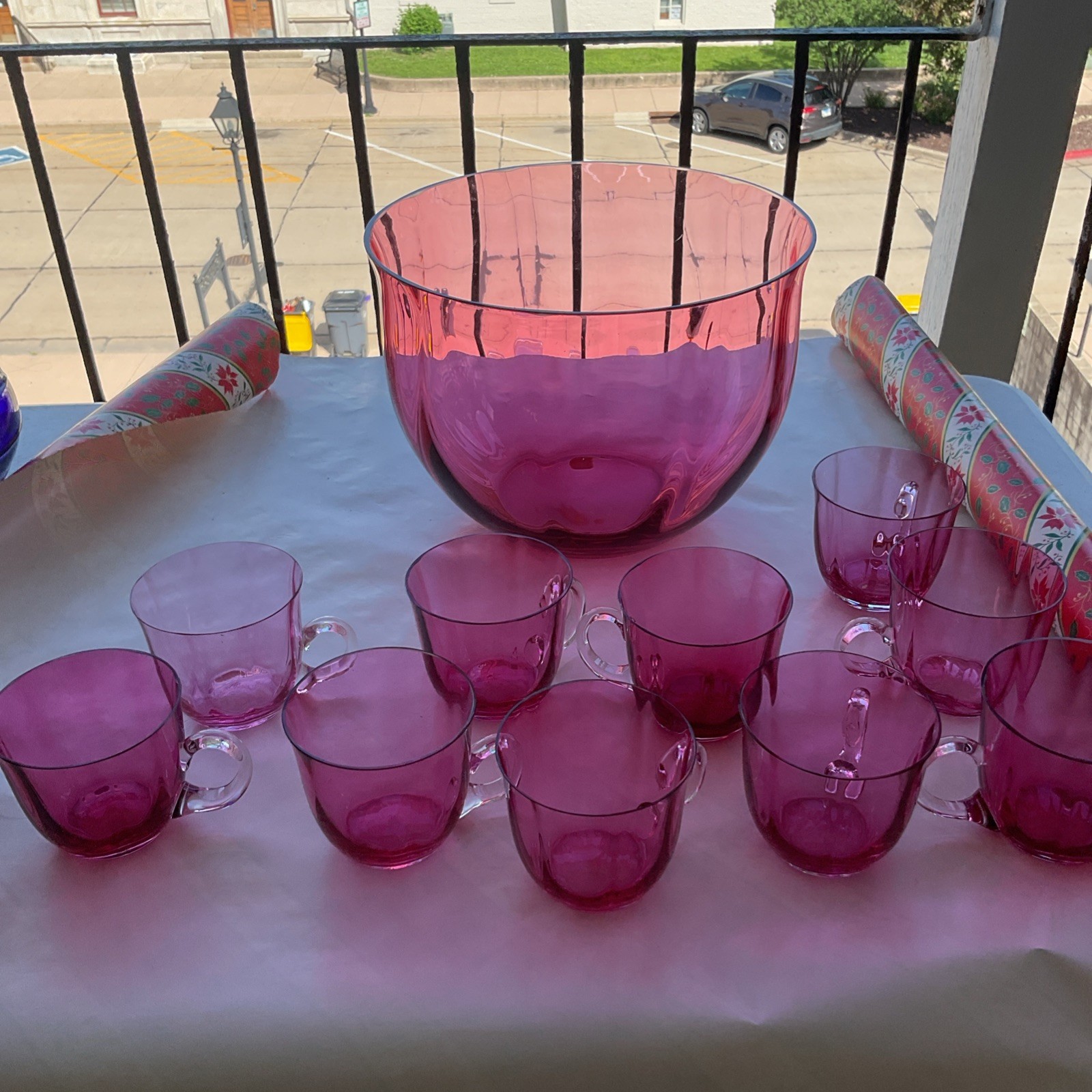 Antique Cranberry Pink Glass Punch Bowl Set w/ 10 Handled Cups Pilgrim Optic